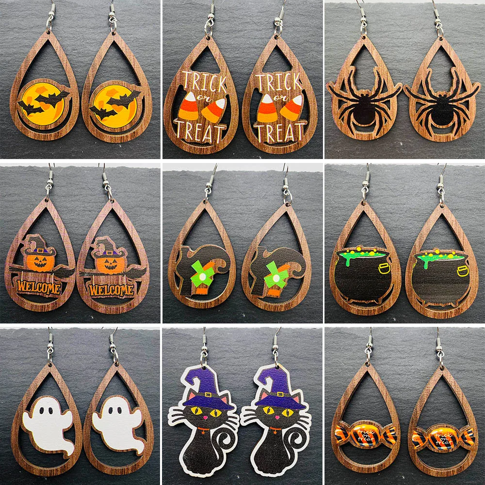 Halloween Ghost Wooden Earrings Pumpkin Spider Skull Head Bat Water Drops Earrings Women Jewelry Halloween PartyFree Shipping