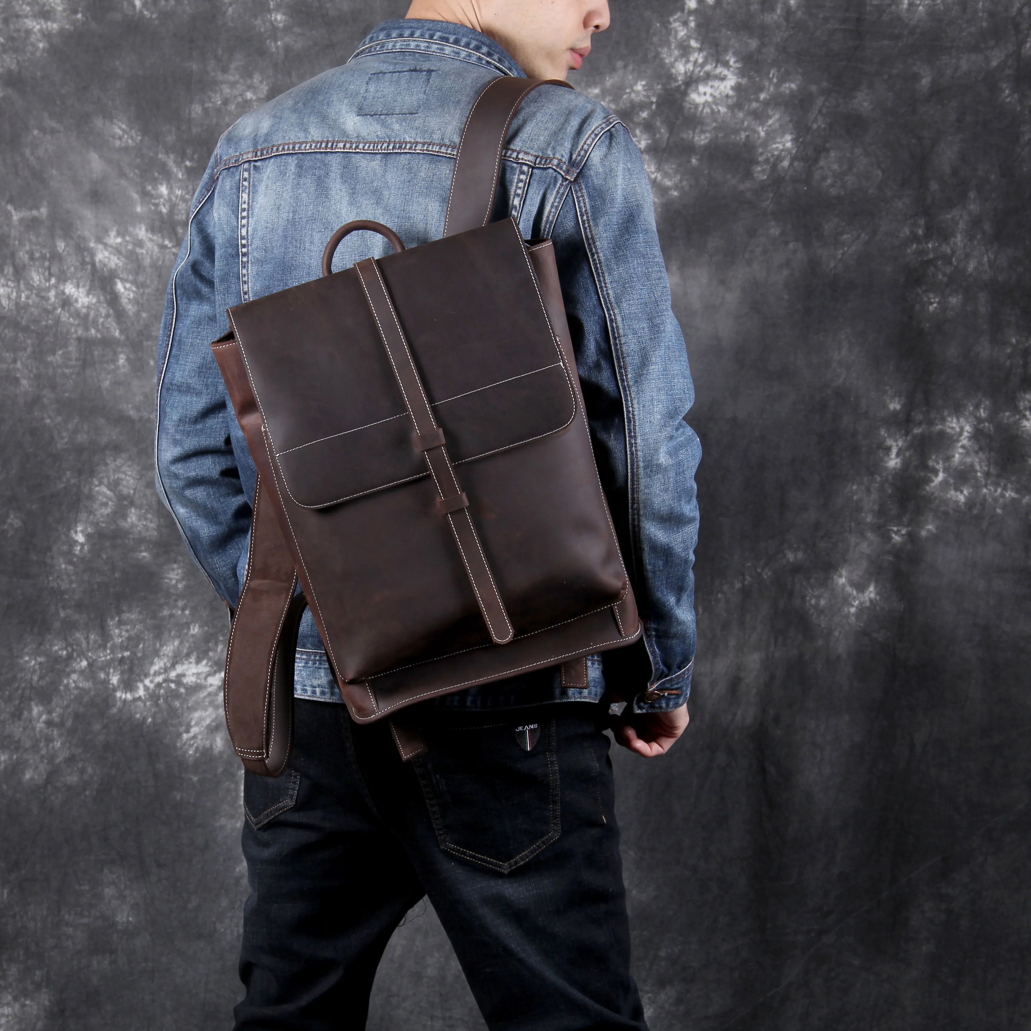 Vintage Echtleder Herrenrucksack Handgefertigte Top-Grain-Leder Laptop-Umhängetasche Crazy Horse Tasche Mode für Männer – Detail 4
