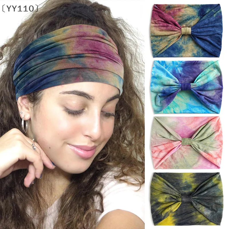 

〔YY110〕Tie-dye Boho Knot Turbans Yoga Elastic Head Wrap Women Headband Wide Hairbands Headwear Bandanas Hair Band Accessories