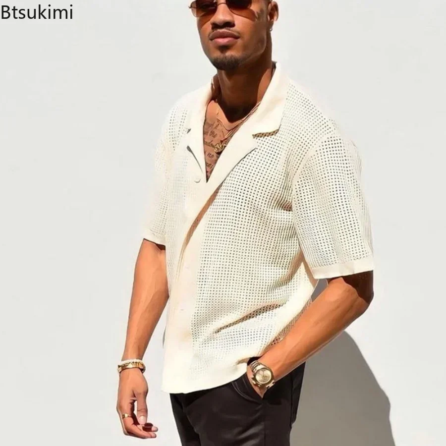 2025 Mannen Zomer Strand Ademend Shirt Casual Losse Effen Korte Mouw Vest Leisure Revers Tops Shirts Mannen Zomer kleding