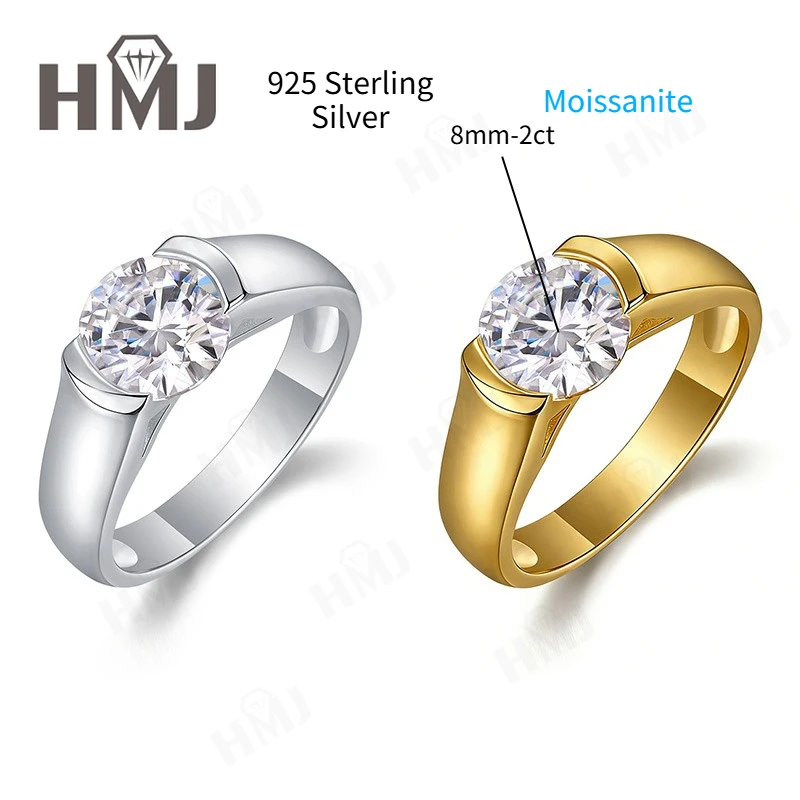 

2ct Moissanite Ring for Men - 925 Sterling Silver D Color VVS1 Round Cut Solitaire Wedding Band Anniversary Gift Jewelry for Him