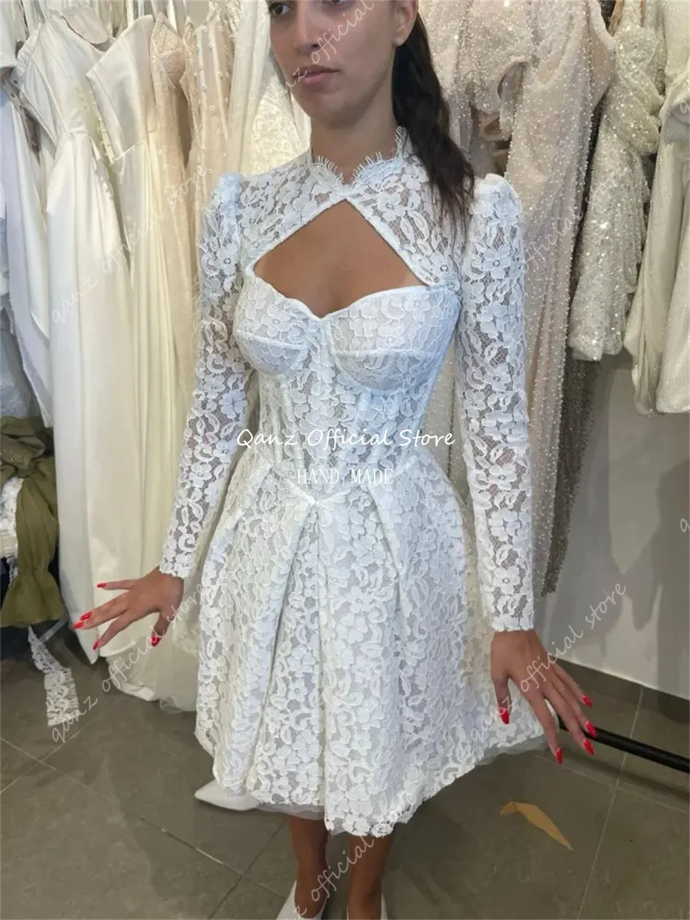 Qanz Short Full Lace Wedding Party Dress With Jacket Sweetheart Corset Back Luxury Evening Dresses Vestidos De Gala Customized