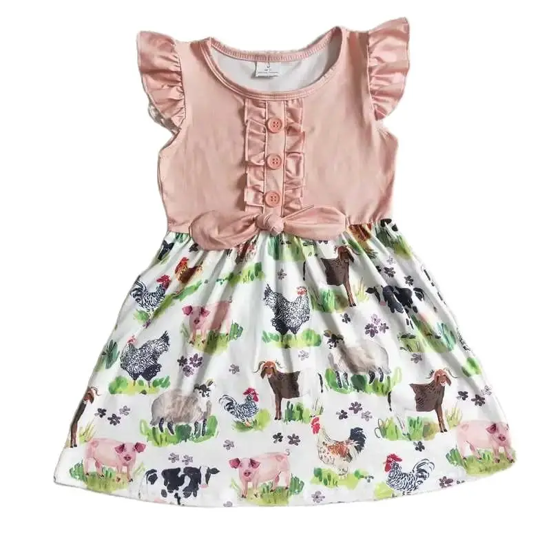 

2022 New Design Rts Baby Girls Pink Animals Short Sleeve Dress Spring And Autumn Daily Wearing For Kids Hot Selling Wholesale