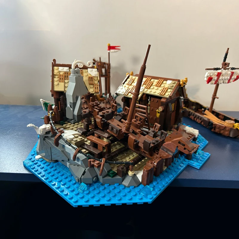 1313PCS MOC Viking Legende Nordic Scheinwerf Holz Longship DIY Modell Bausteine Geburtstag Spielzeug Geschenk