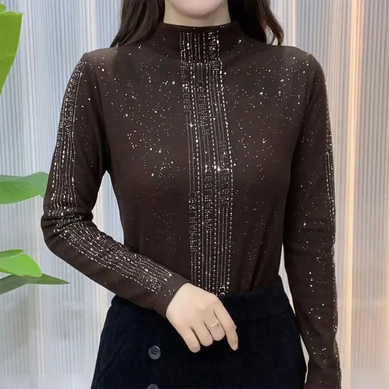 Fashion Diamonds Sequined T-shirt Casual Female Clothing Vintage Solid Color Autumn Winter Basic Half High Collar Slim Pullovers