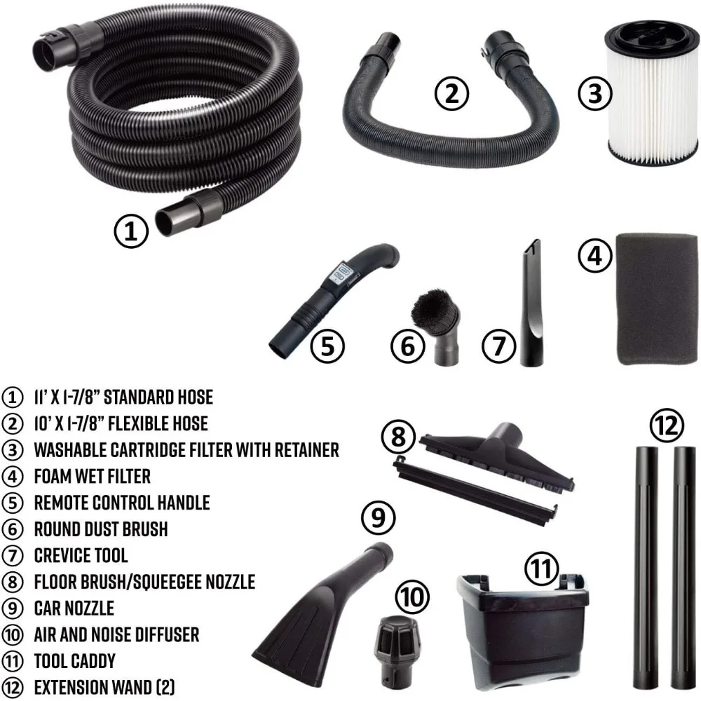 مكنسة كهربائية رطبة/جافة مثبتة على الحائط بسعة 5 جالون وسعة 5 حصان مع جهاز تحكم عن بعد، باللون الأزرق
