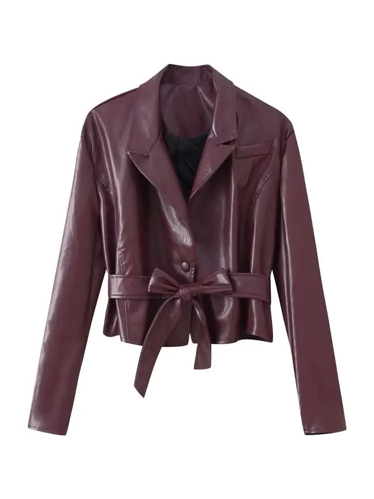 

HH Women Winter Leather Fashion Versatile Waist Lapel Lace-Up Long Sleeve Leather Jacket Female High Street Casual Short Jacket
