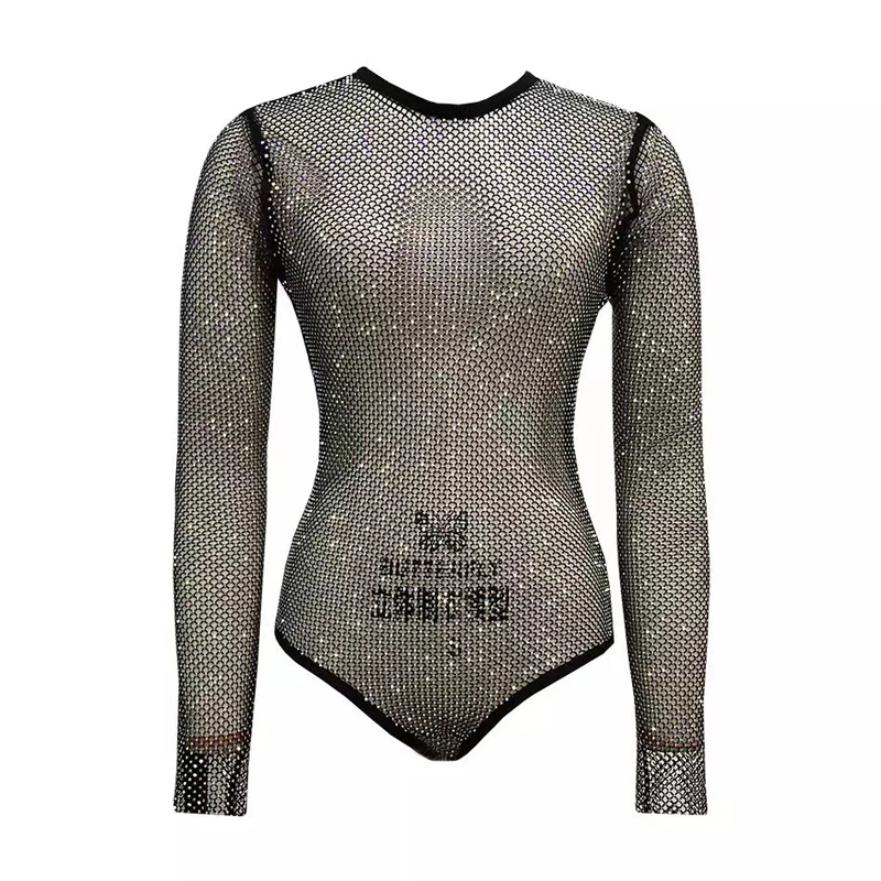 Tops brillantes de manga larga con cuello redondo para mujer, Body Sexy negro para otoño, Top de cuerpo de malla informal para mujer, ropa de calle, monos