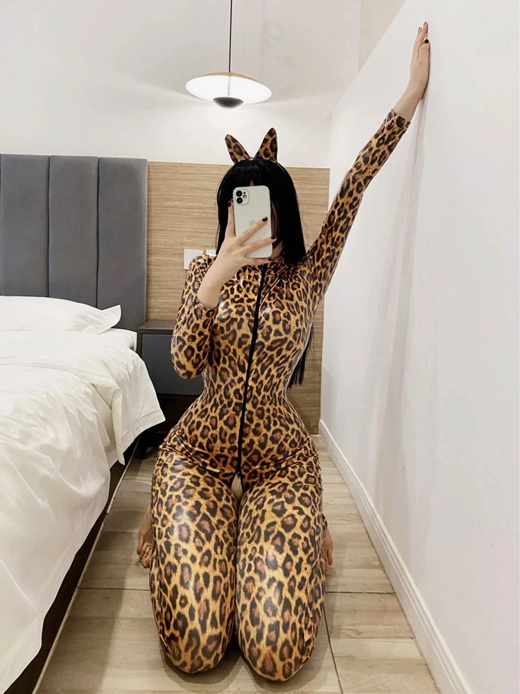 Shiny PU Faux Leather Bodysuit Women's Sexy Zipper Open Crotch Jumpsuit Leopard Party Nightclub Cat Girl One-piece Onesie