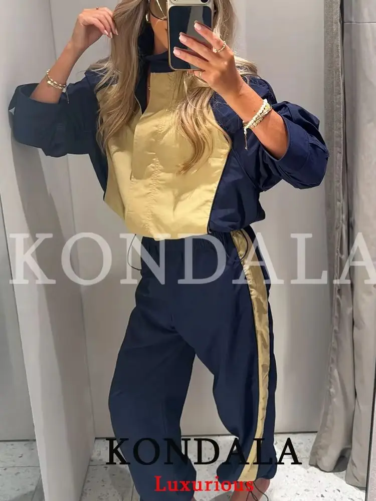 KONDALA Casual Chic Khaki Damen-Hosenanzug Patchwork Reißverschluss Locker Sitzendes Oberteil Lange Hose mit Elastischem Bund Mode 2026 Herbst Sportanzug – Detail 7