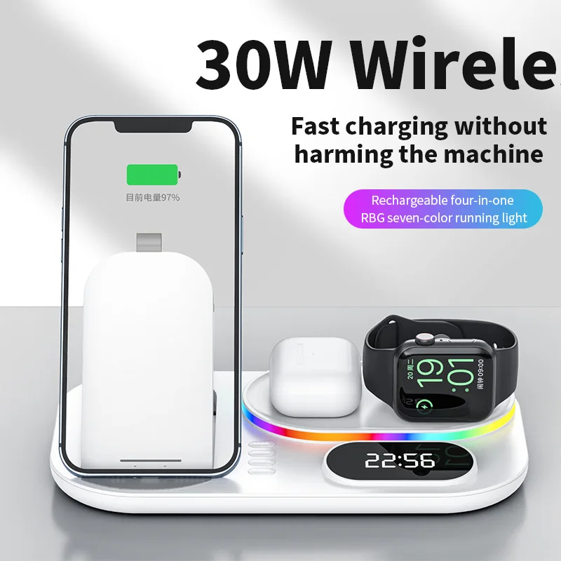 4 In 1 Type-c Input Interface With Digital Clock Two-color Versatile Style High Quality Materials Wireless Charging Station