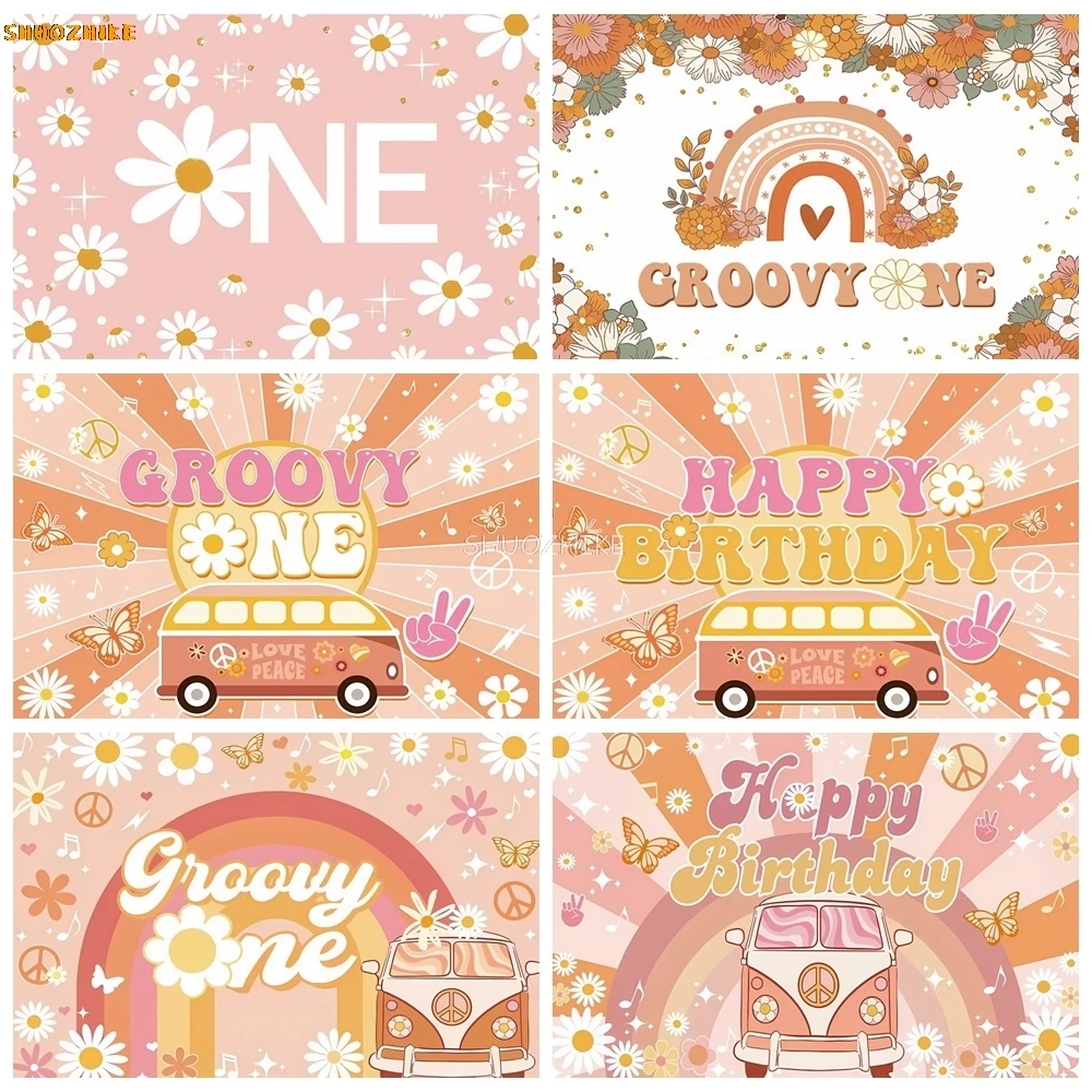 

Groovy 1st Birthday Newborn Photography Backdrops Boho Style Rainbow Daisy Peace Love Party Decor Cake Smash Photo Background