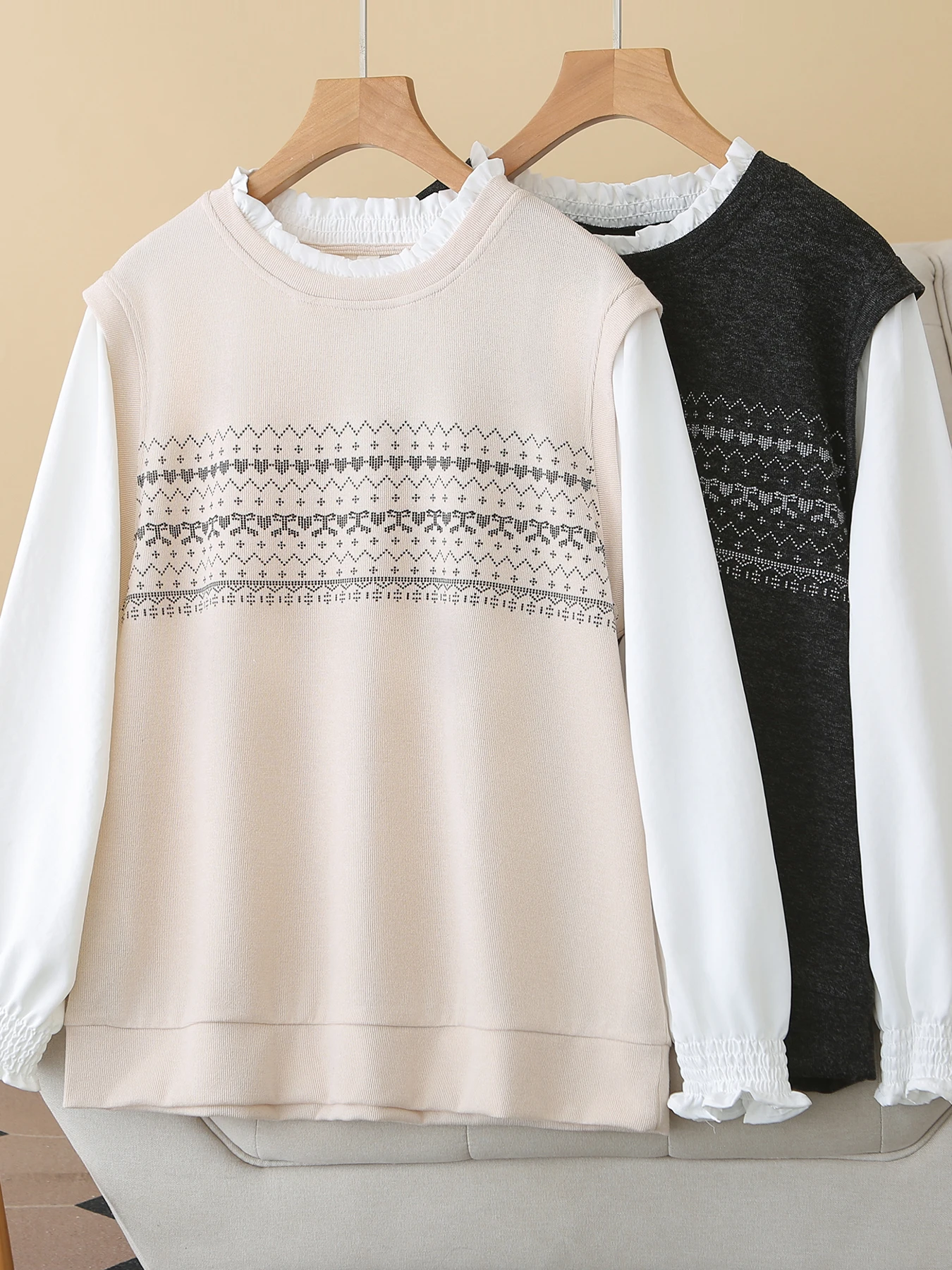 

Spring 2026 Loose Women's Sweatshirt round Neck Splicing Earlet Design Casual Style Polyester Fiber Long Sleeve Top