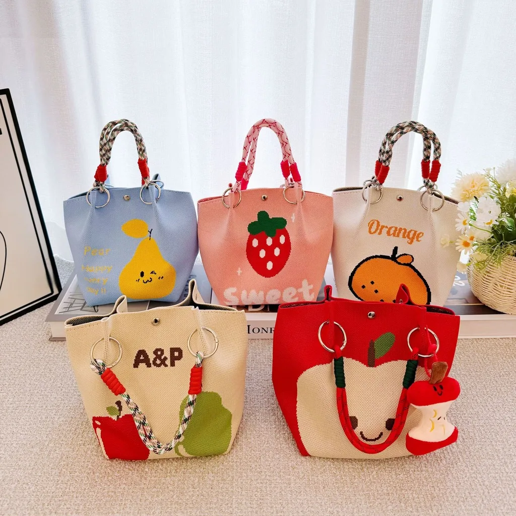 Ring Handle Bag Portable Open Top Bag Daily Commute Bag Medium Stiff Fruit Print Handbag For Personal Storage Daily Matching