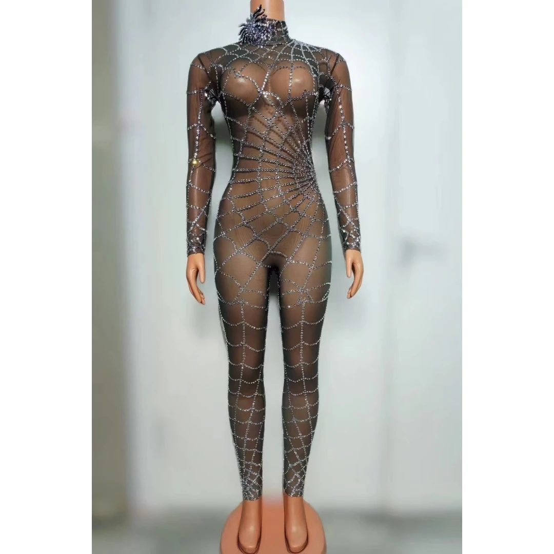 

Luxury Shining Diamonds Black Sexy See Through Mesh Jumpsuit Celebrate Evening Party Costume Nightclub Bar Singer Stage Costume