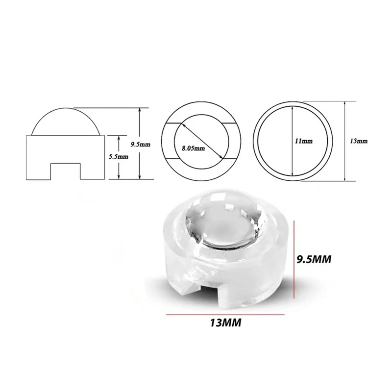 Lente LED de alta potencia de 1w, 3w, 5W, 13mm, 15, 30, 45, 60, 90, 100 grados, de 13mm lente de material PMMA, adecuada para LED de 1w, led de 3w,