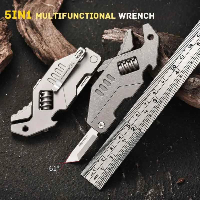 

5in1 Titanium Alloy Multi-function Wrench Bottle Opener M390 Blade Folding Knife Outdoor Survival EDC Tool With Back Clamp