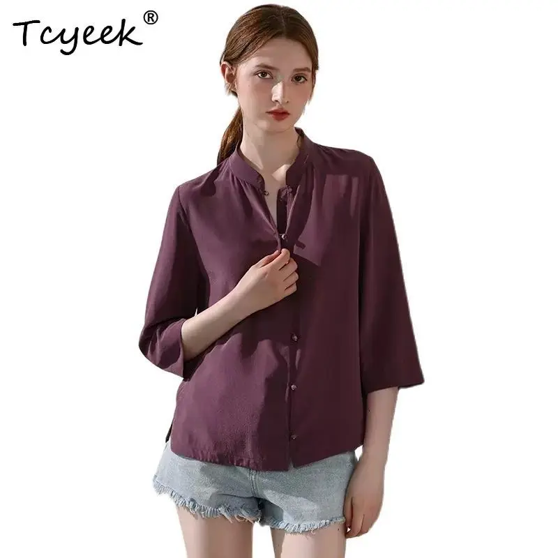 

Tcyeek, 100%Real Silk Elegant Shirt, Women 3/4 Sleeve Solid Color, Retro Versatile Commute Blouse, 2024 Summer Fall T46644QM