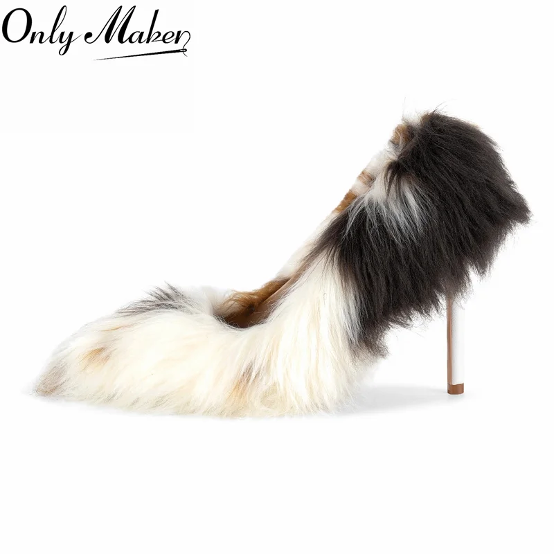 Onlymaker Frauen Pumpen Faux Pelz Spitz 10CM Slip-On Dünne Fersen Party Hochzeit Büro Dame Große Größe pumpen