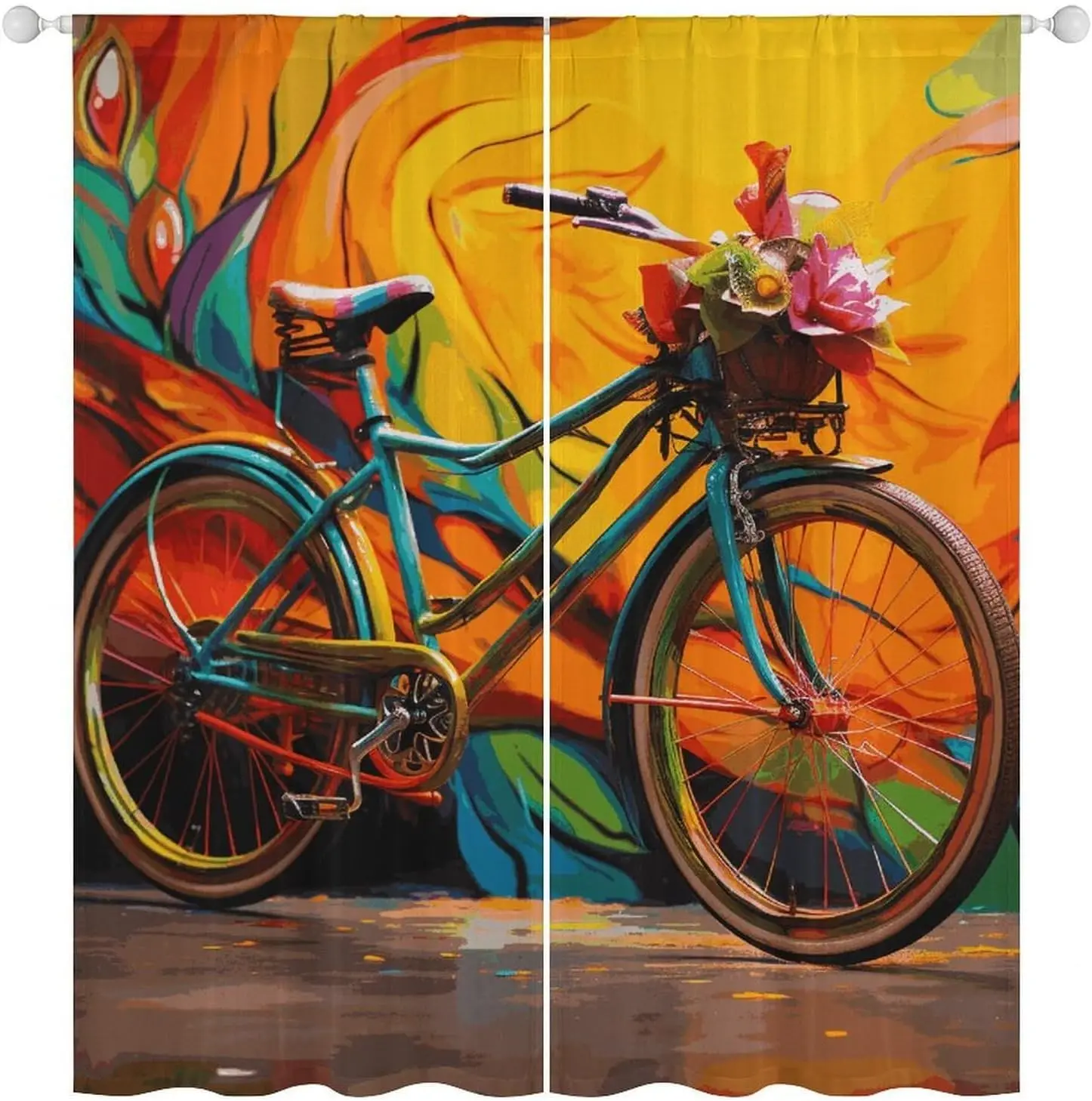 Vibrant Cycling Bicycle Art Curtain Pair 2pcs Abstract Floral Print Window Curtains Home Decor Bohemian Living Room