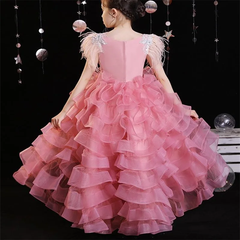 

Girls high-end evening dress children's princess dress pink mesh stitching feather fashion girl birthday fluffy yarn dress