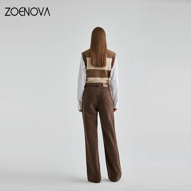 ZOENOVA Brown Cotton Women's Wide Leg Pants High Waisted Loose Straight Jeans 2024 Spring Fashion New Casual Soft Denim Trousers