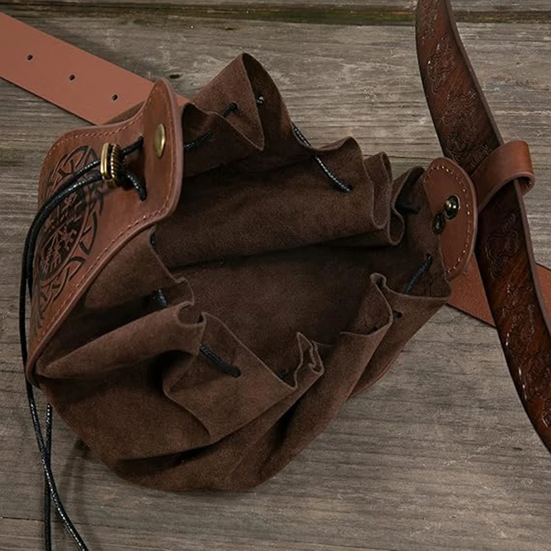 Medieval Viking Style Vintage PU Leather Waist Bag Unisex  Portable Drawstring Coin Purse Cosplay Props view 6