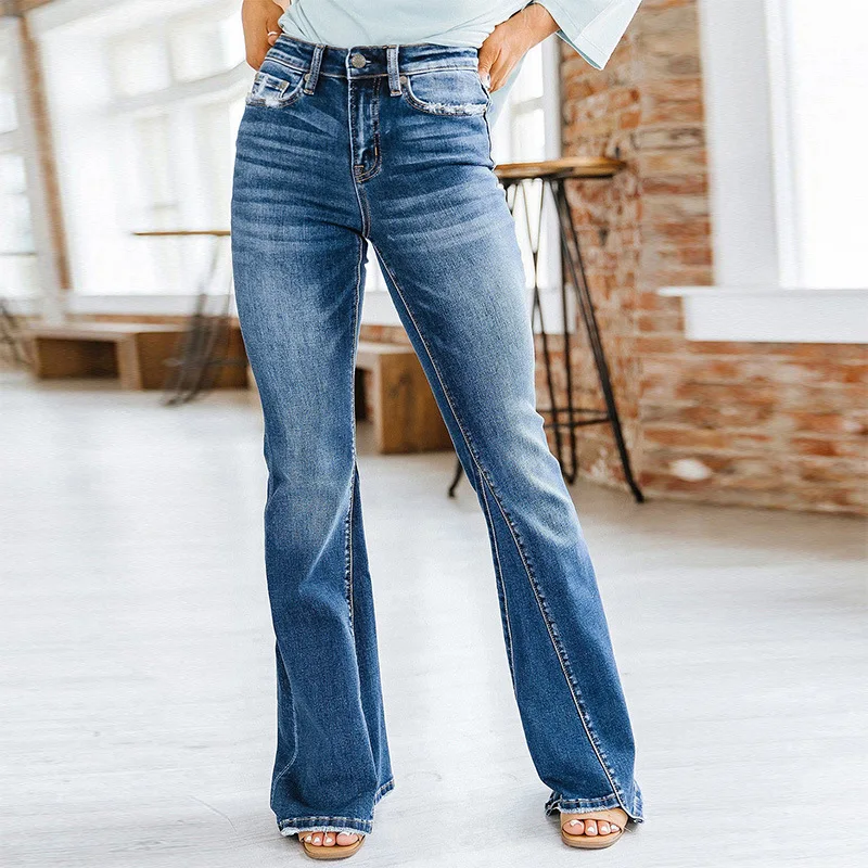 Calças jeans elásticas femininas, calças com fundo de sino, jeans retrô com cor gradiente, ajuste médio da cintura, tecido elástico para aparência fina