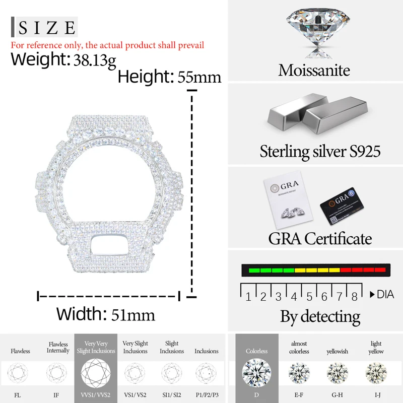 S925 Sterling Silver Moissanite for DW6900 Series Watch Case Bling Iced Out Bezel Hip Hop Watch Accessories view 5
