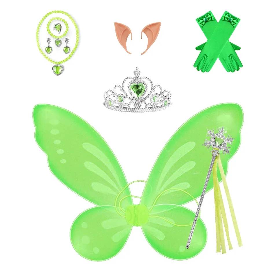 Girls Green Fairy Cosplay Props Kids Butterfly Wings Headband Necklace Bracelet Earrings Party Tinkerbell Cosplay Dress Up Sets