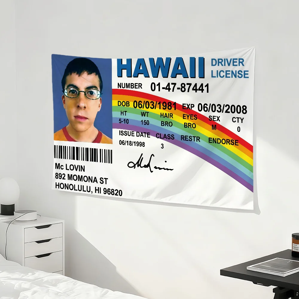 Mclovin ID Flag Fake Driver License Cat Meme Flag Room Dorm Camping Party Hogar Garage Living Room Bed Wall Decor Banner Gift