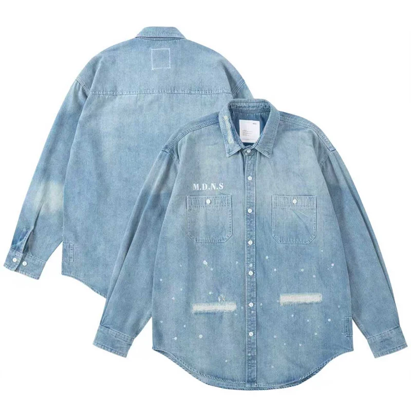 High Quality MADNESS Denim Shirt Japanese Streetwear Men's Women's Do Old Ripped Casual Shirts