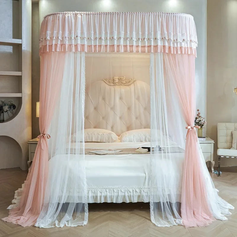 Princess Style Double-layer Mosquito Net for Home Bedroom Floor-standing U-shaped Rail Bed Curtain Pattern Three-door