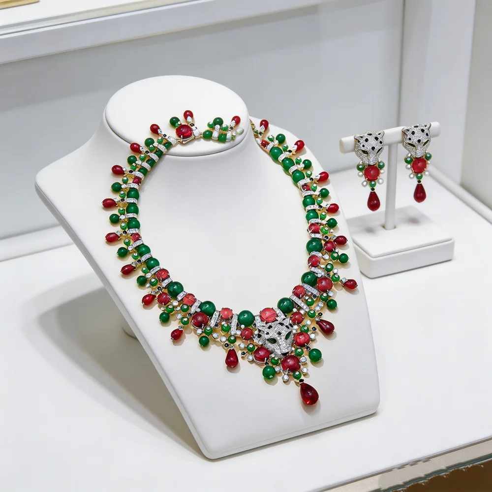 Vintage Fashion Style Earrings Necklace Women Lady Cubic Zircon Red Green Bead Leopard Tassels Pendant Fine Party Jewelry Sets