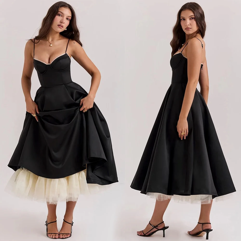 Spaghetti Strap Off Shoulder Ruffle Swing Black Midi Dresses A Line Wedding Evening Party Maxi Dress Elegant Cocktail Flowy Gown