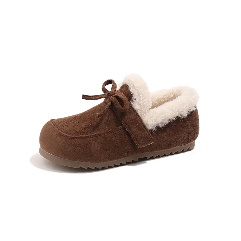 Kids Fuzzy Toddler Suede‑Look Winter Loafers Warm Flat Moccasins with Bow Decor, Non‑Slip Soft Sole Casual Warm Cotton Shoes
