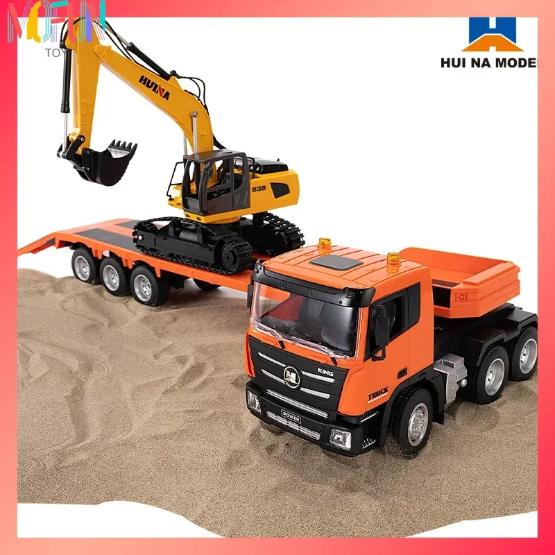 Huina 1319 1318 1/18 9 CH Semi Alloy RC Flatbed Trailer Excavator Set Remote Control Engineering Truck   Alloy Engineer Vehicle