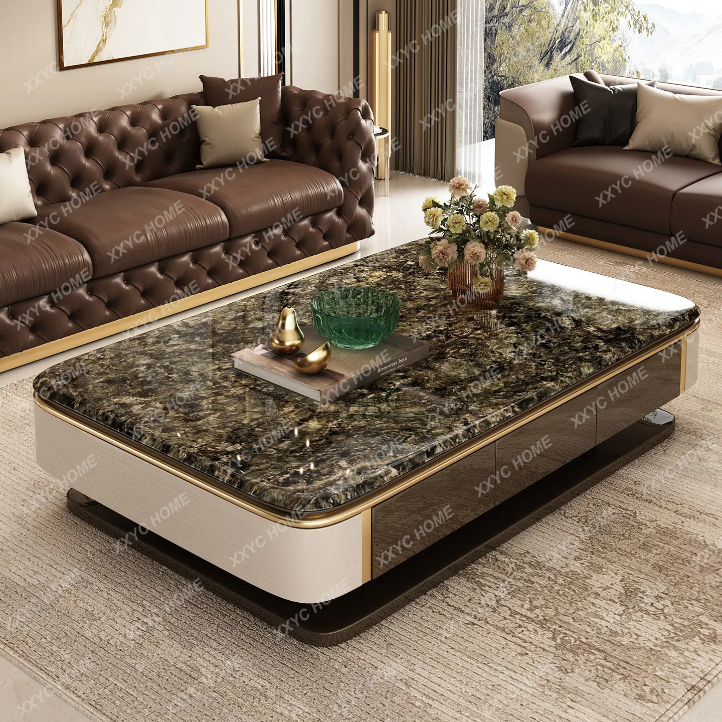 Discount Light luxury high-end marble table large flat floor living room household super fine stone extended double-layer coffee
