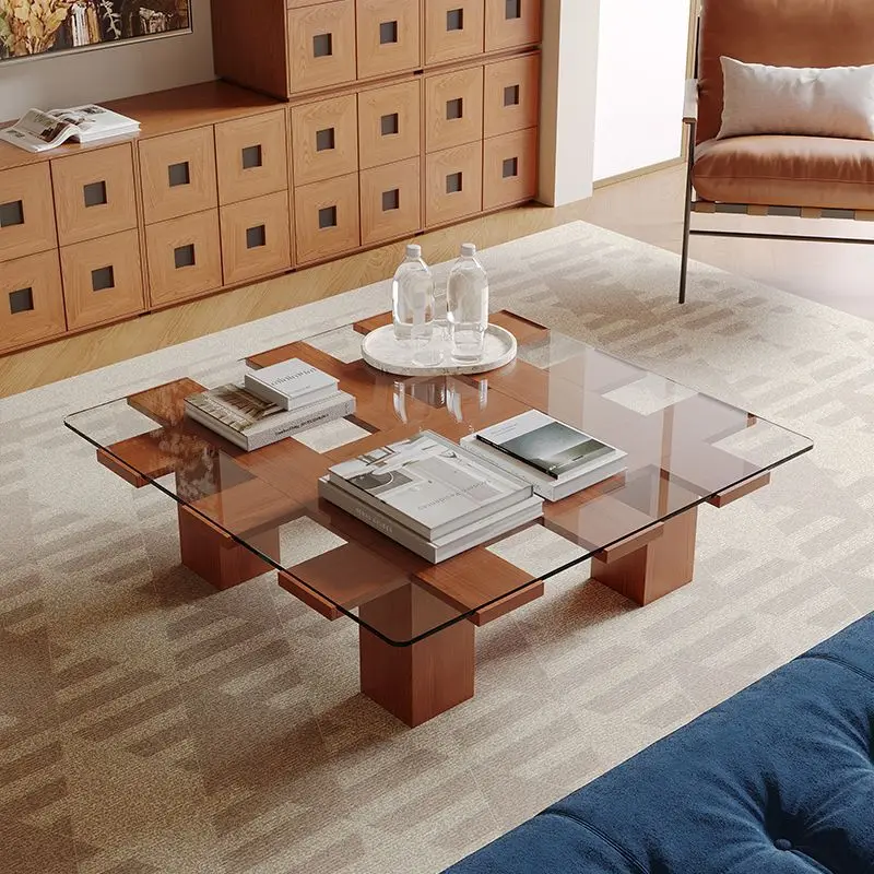 

Medieval Bauhaus retro art glass coffee table solid wood wabi wind living room square tea table tea table