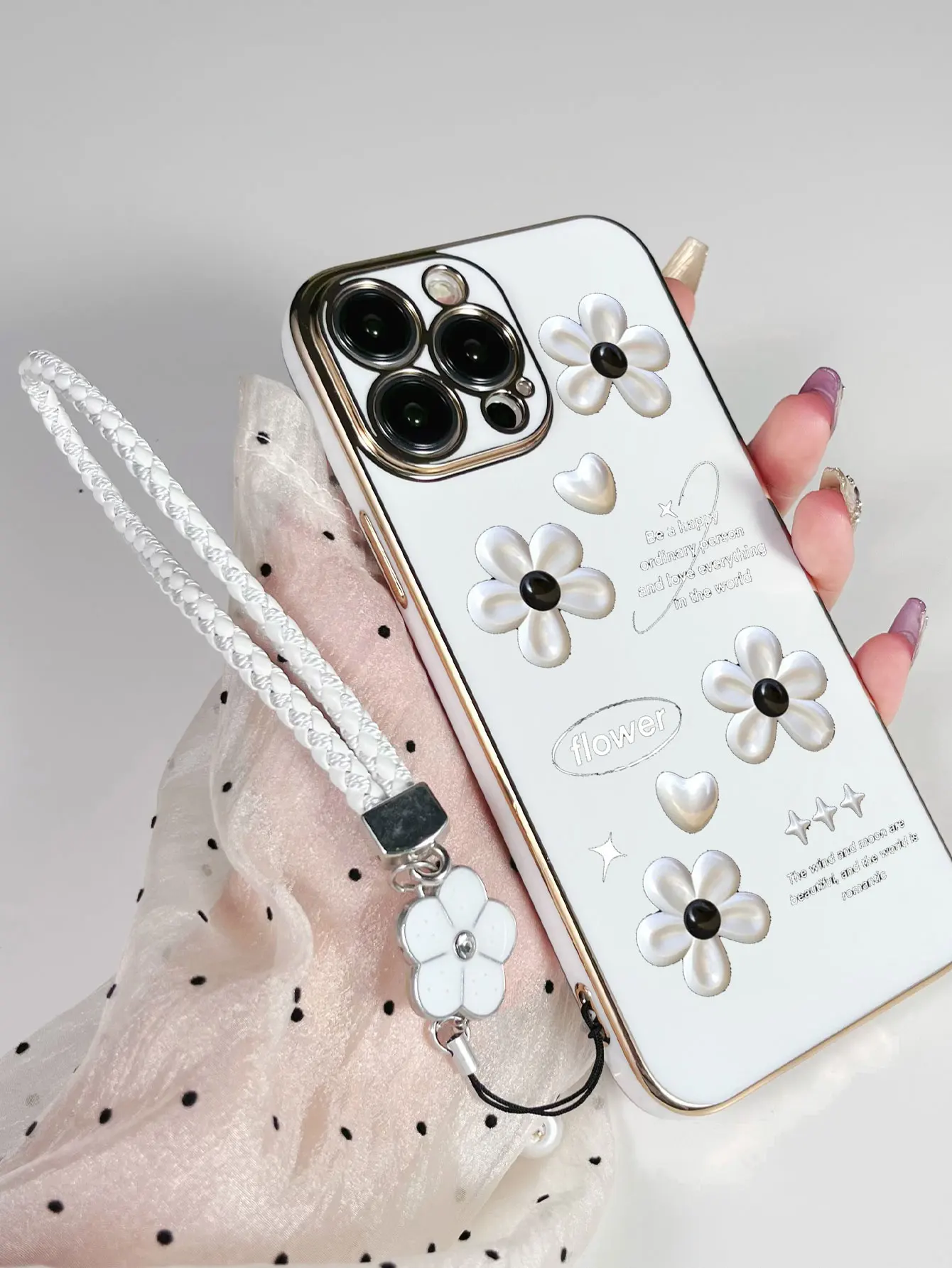 Fashion Cute Flowers Pattern Lanyard Painted Phone Case For iPhone 17 16 13 12 11 Pro Max 15 14 Plus X S Plating Soft Back Cover