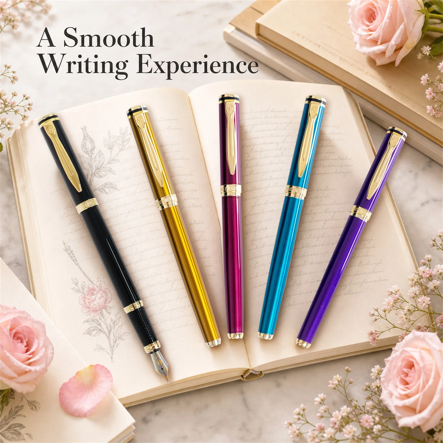 Hero 6177 Fountain Pen Gold Plated Nib 0.5mm, Smooth Writing Comfortable Grip Metal Black Body, Local Warehouse Stock Same Day Dispatch, Business Signature Calligraphy Iridium Pen Support Ink Cartridge & Converter