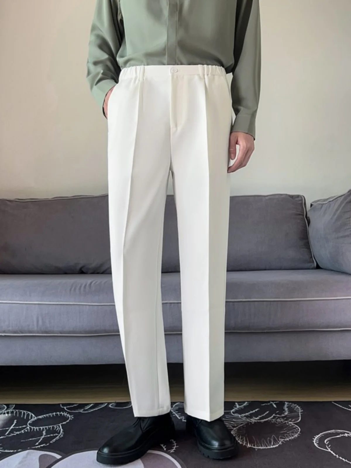 

Advanced Drape White Slim Fit Men's Casual Straight Leg Pants Loose Comfortable Loose Elastic Waist Long Trousers