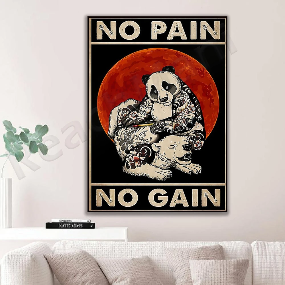 Tattoo Artist Funny Tattoo Panda Vintage Poster, Tats Panda No Pain No Gain Art, Tattoo Shop Funny Decor, Skin Tattoo Art