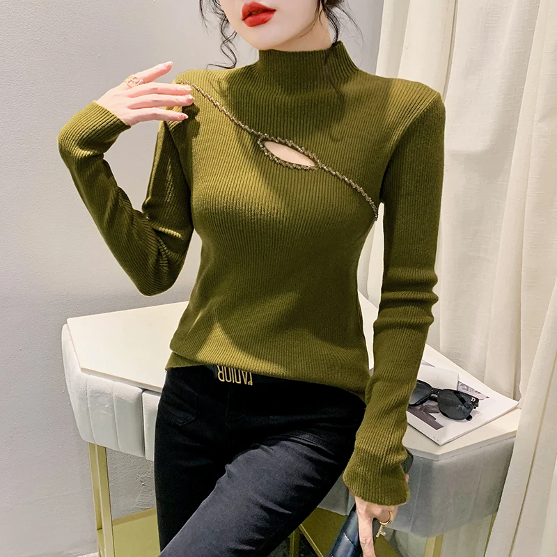 

2023 New Fall Winter European Clothes Knitted Sweater Chic Sexy Women's Hollow Out Shiny Beading Long Sleeve Slim Hot Tops 39351