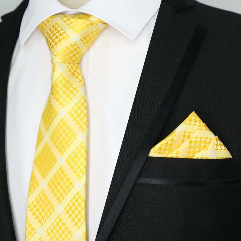 Newest Tie Set 8CM Mens Necktie Handkerchief Neck Ties Sets For Man Yellow Color Plaids Stripes Jacquard Cravat Business Party