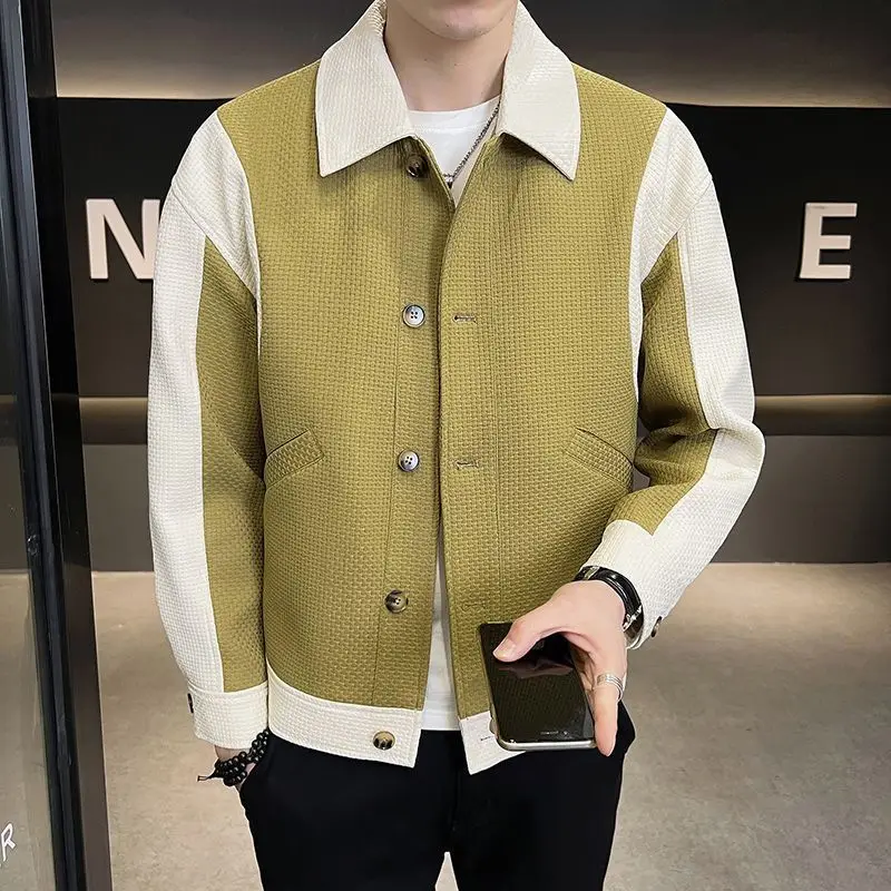 2024 Year Spring and Autumn Handsome Turn-down Collar Men\'s Clothing Chao Pai Casual All-match Contrast Color Coats Jackets Tops