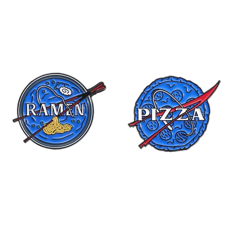 Blue Space Astronaut Enamel Pins Funny Creative RAMEN PIZZA Food Exploring Space Brooches Lapel Badges Jewelry Gift for Friends