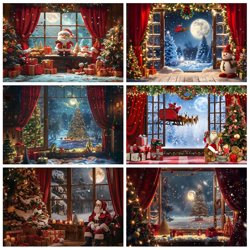 

Christmas Photography Backdrop Window Winter Red Curtain Snowman Xmas Tree Santa Claus Gift Christmas Eve Photo Background Decor