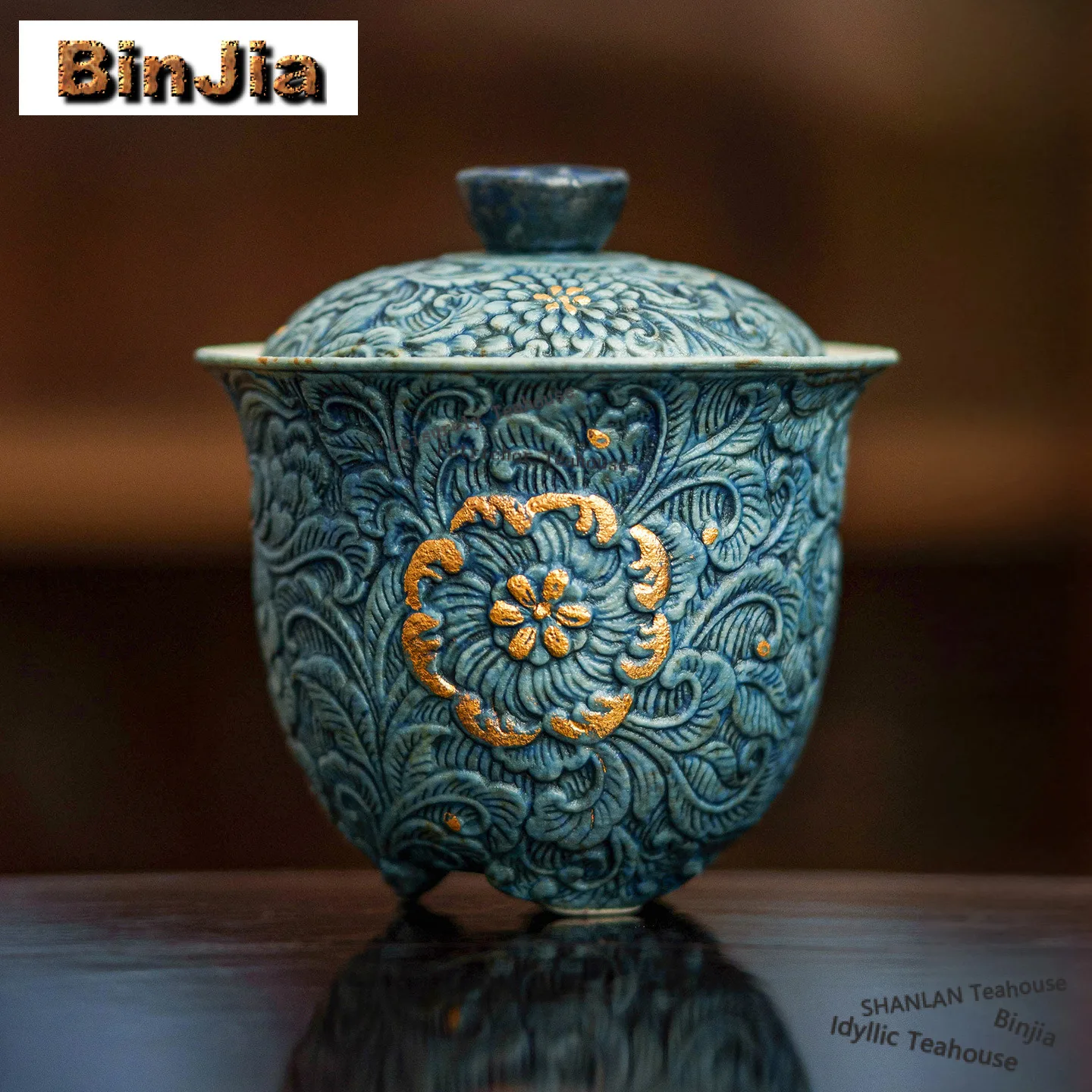 

125ml Gray Blue Sprinkle Gold Relief Tripodia Gaiwan Antique Tea Tureen Tea Bowl With Lid Kit Tea Maker Cover Bowl Decoration