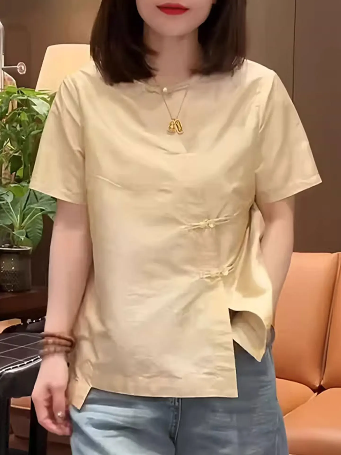 

Ele Chinese Sle round Ne ort Sve Women's irt Acetate Satin Fabric Button up Top Korean Sle Commute Faion